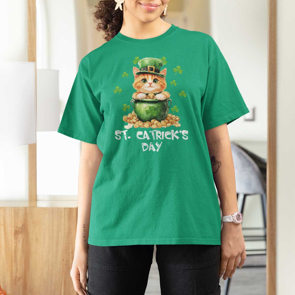 St. Patrick's Day Irish Cat T Shirt For Women Kitty Saint Pattys Lucky Shamrocks