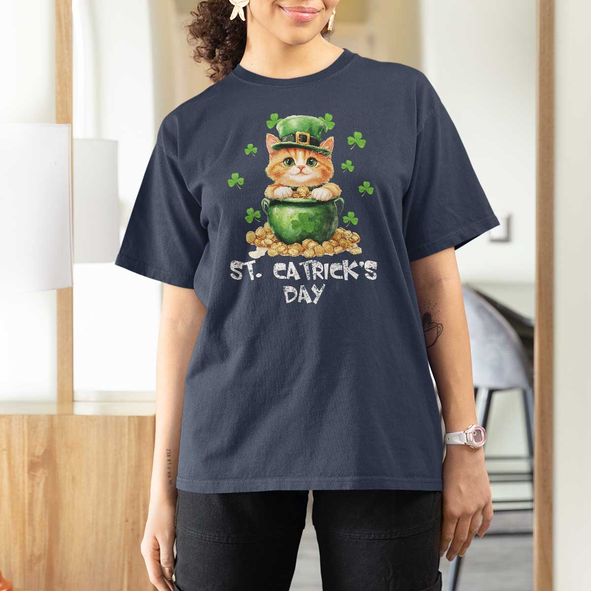 St. Patrick's Day Irish Cat T Shirt For Women Kitty Saint Pattys Lucky Shamrocks