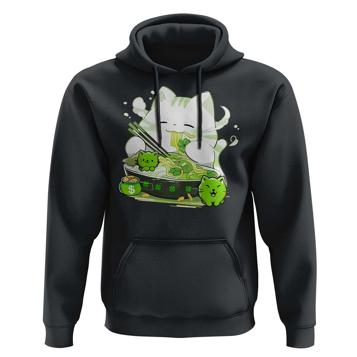St Patrick's Day Cats Hoodie Irish Eating Ramen Noodles Cute Anime Shamrocks
