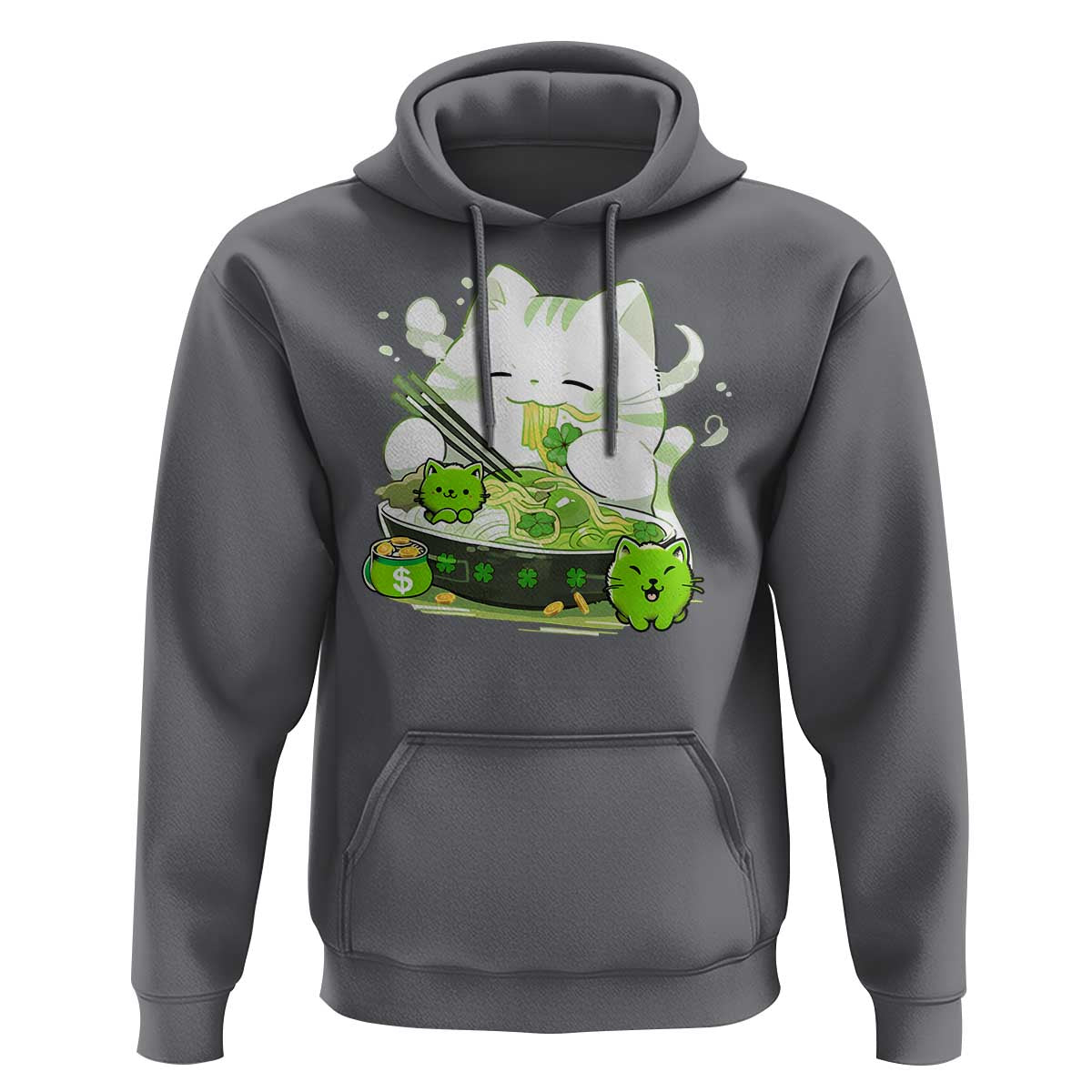 St Patrick's Day Cats Hoodie Irish Eating Ramen Noodles Cute Anime Shamrocks