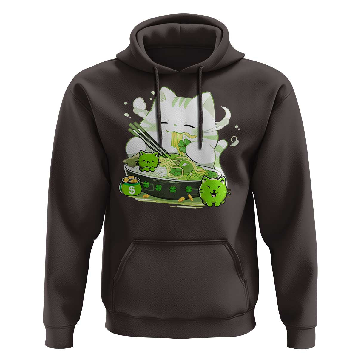 St Patrick's Day Cats Hoodie Irish Eating Ramen Noodles Cute Anime Shamrocks