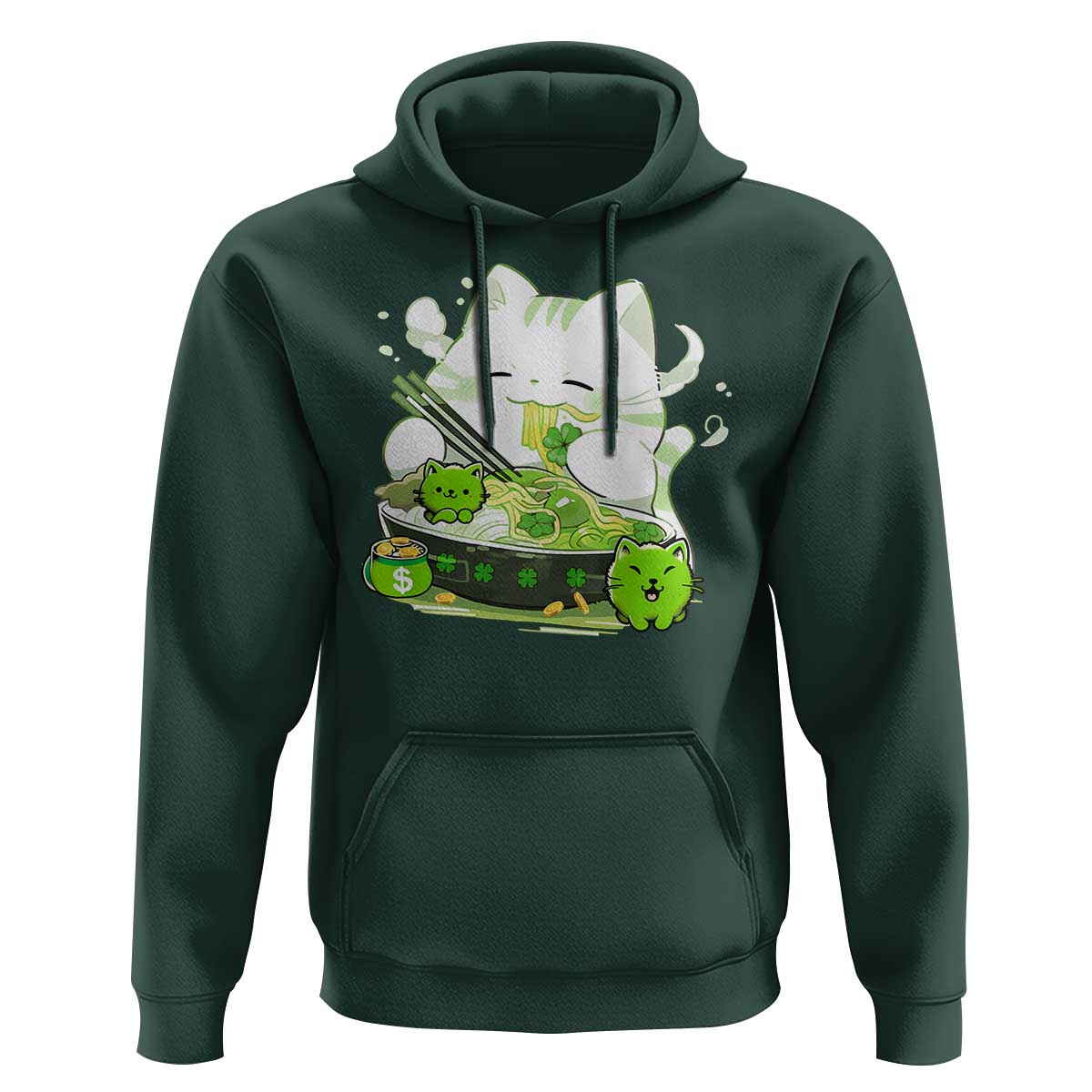 St Patrick's Day Cats Hoodie Irish Eating Ramen Noodles Cute Anime Shamrocks