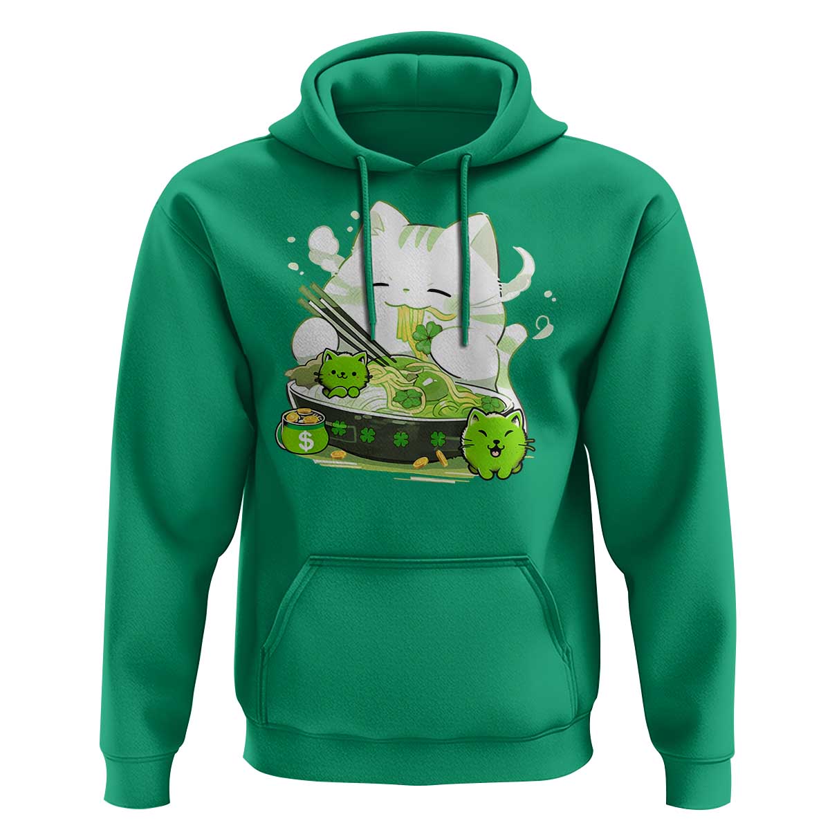 St Patrick's Day Cats Hoodie Irish Eating Ramen Noodles Cute Anime Shamrocks