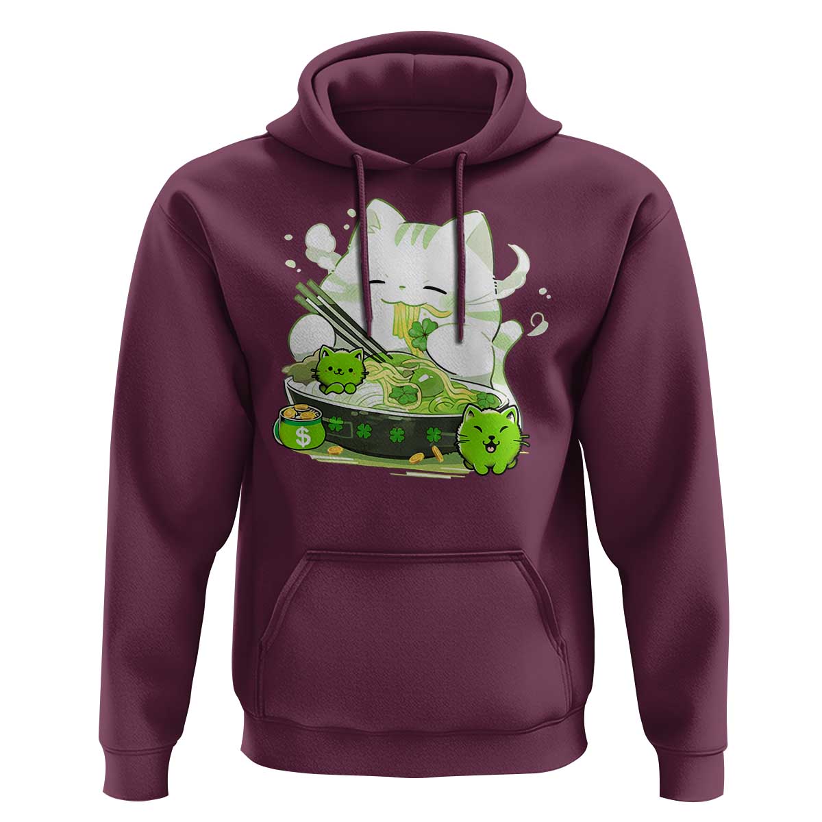 St Patrick's Day Cats Hoodie Irish Eating Ramen Noodles Cute Anime Shamrocks