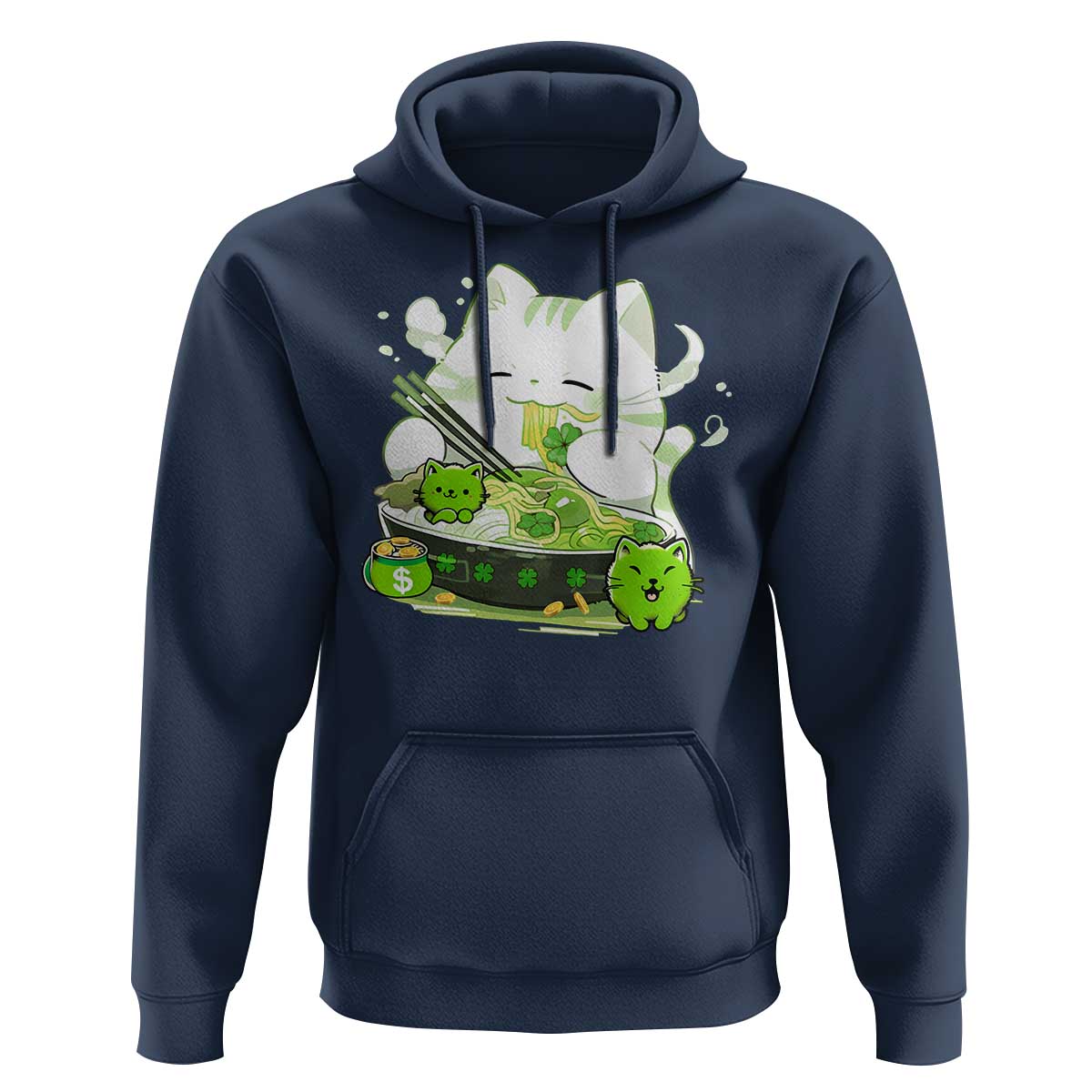 St Patrick's Day Cats Hoodie Irish Eating Ramen Noodles Cute Anime Shamrocks