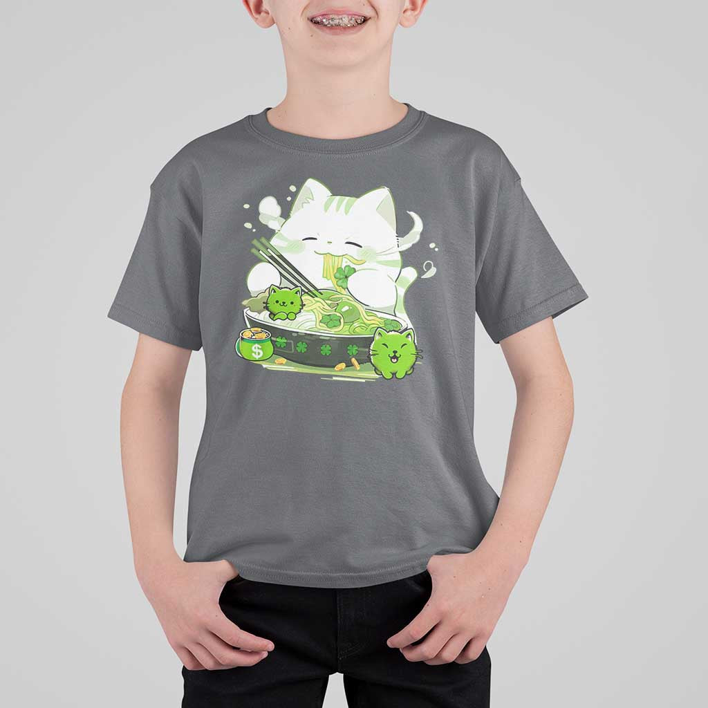 St Patrick's Day Cats T Shirt For Kid Irish Eating Ramen Noodles Cute Anime Shamrocks