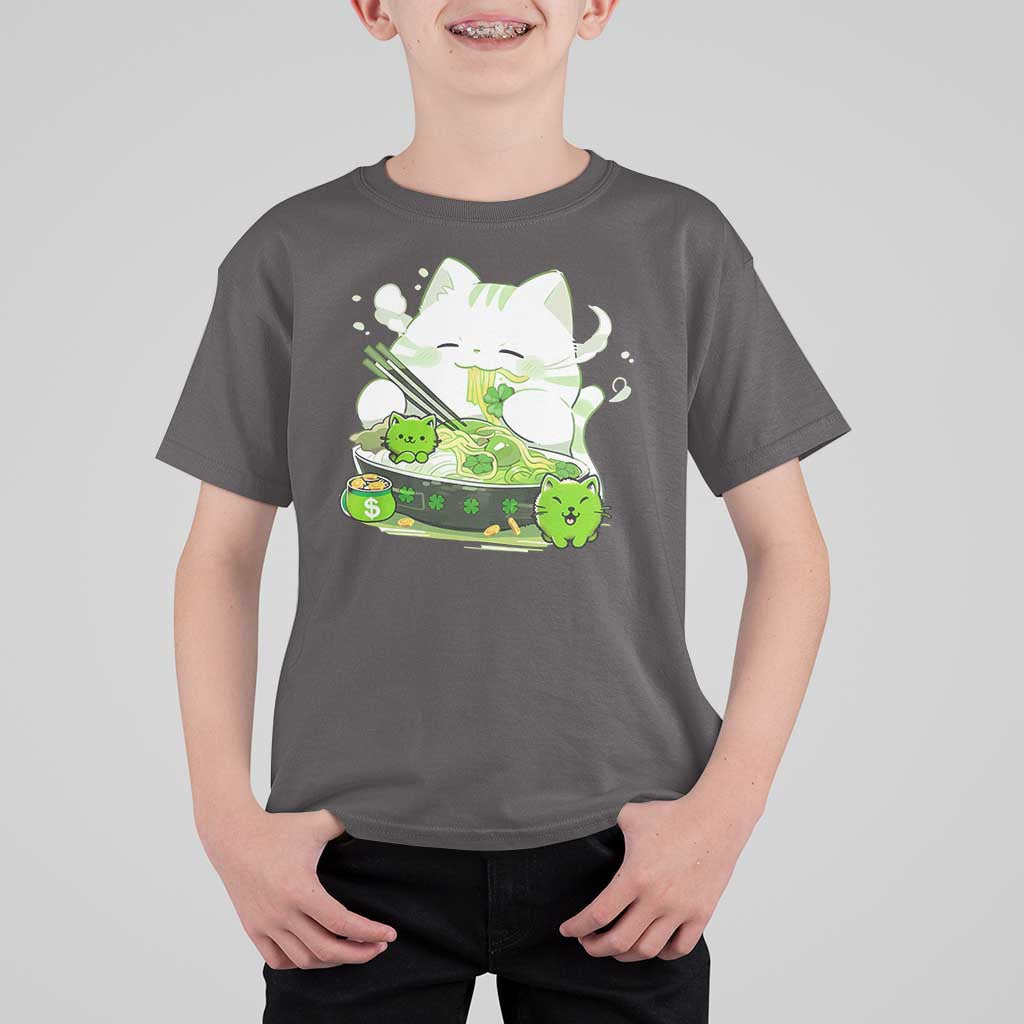 St Patrick's Day Cats T Shirt For Kid Irish Eating Ramen Noodles Cute Anime Shamrocks