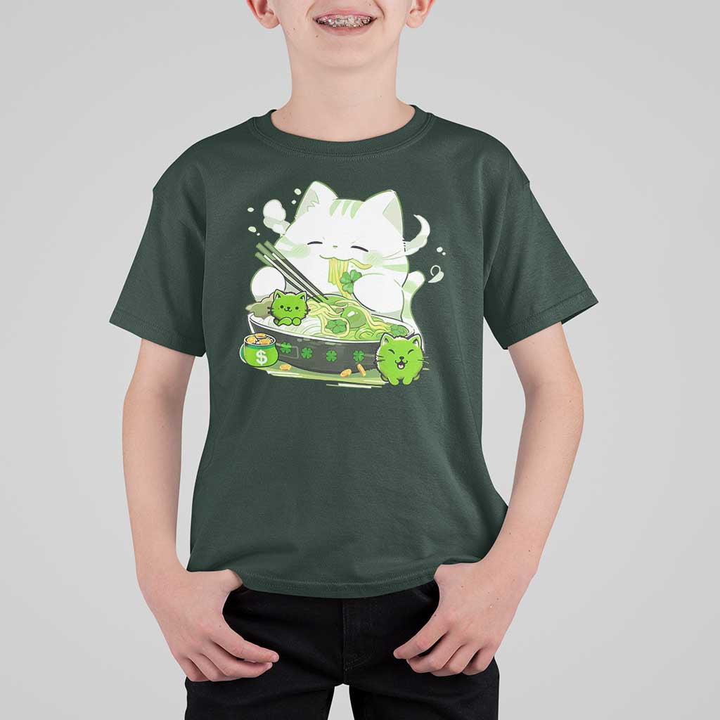 St Patrick's Day Cats T Shirt For Kid Irish Eating Ramen Noodles Cute Anime Shamrocks