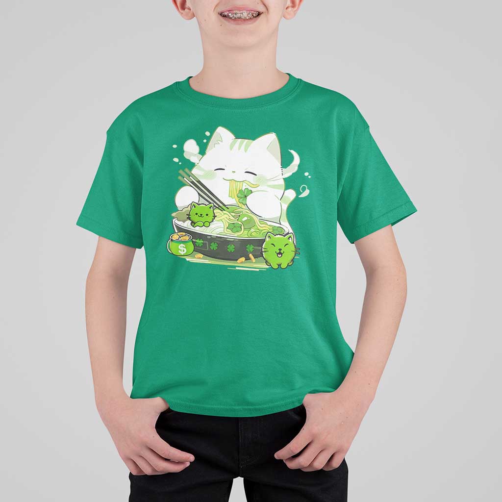 St Patrick's Day Cats T Shirt For Kid Irish Eating Ramen Noodles Cute Anime Shamrocks