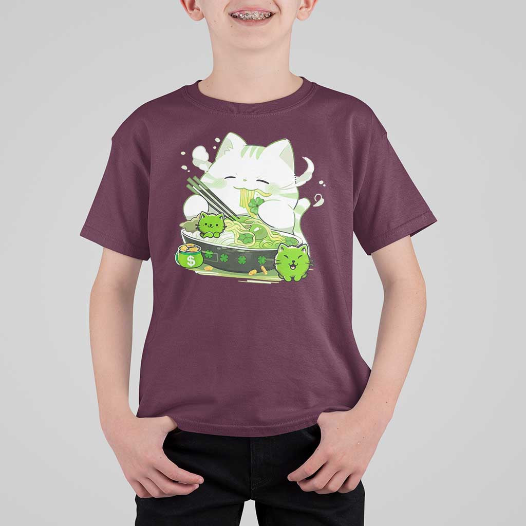 St Patrick's Day Cats T Shirt For Kid Irish Eating Ramen Noodles Cute Anime Shamrocks
