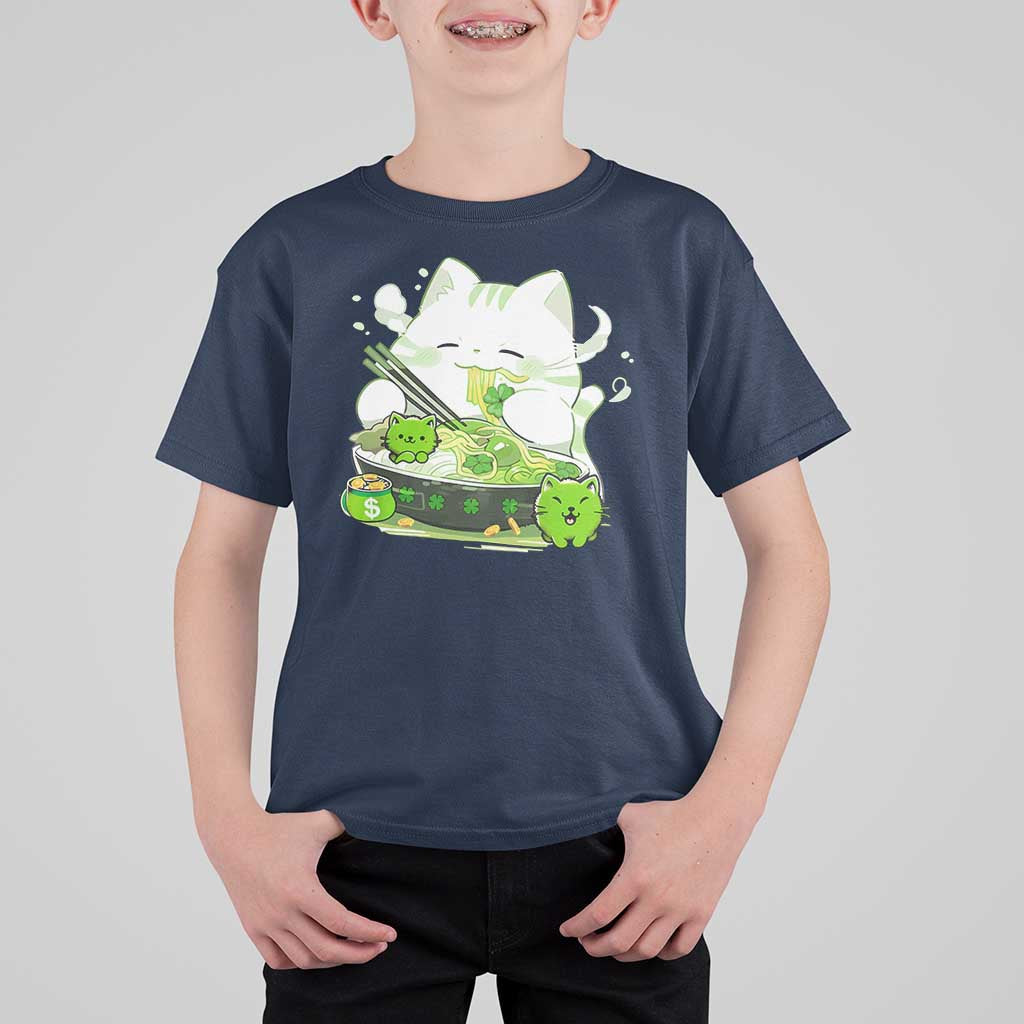 St Patrick's Day Cats T Shirt For Kid Irish Eating Ramen Noodles Cute Anime Shamrocks