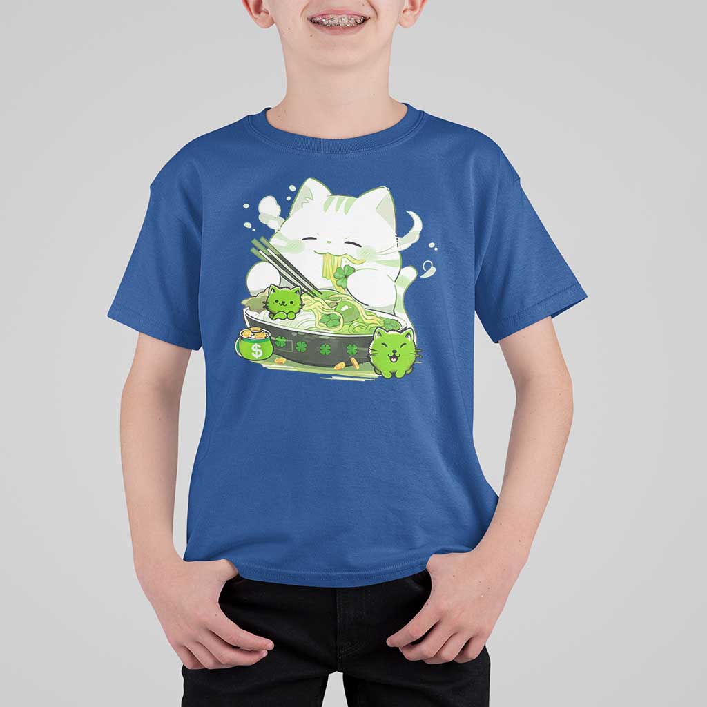 St Patrick's Day Cats T Shirt For Kid Irish Eating Ramen Noodles Cute Anime Shamrocks