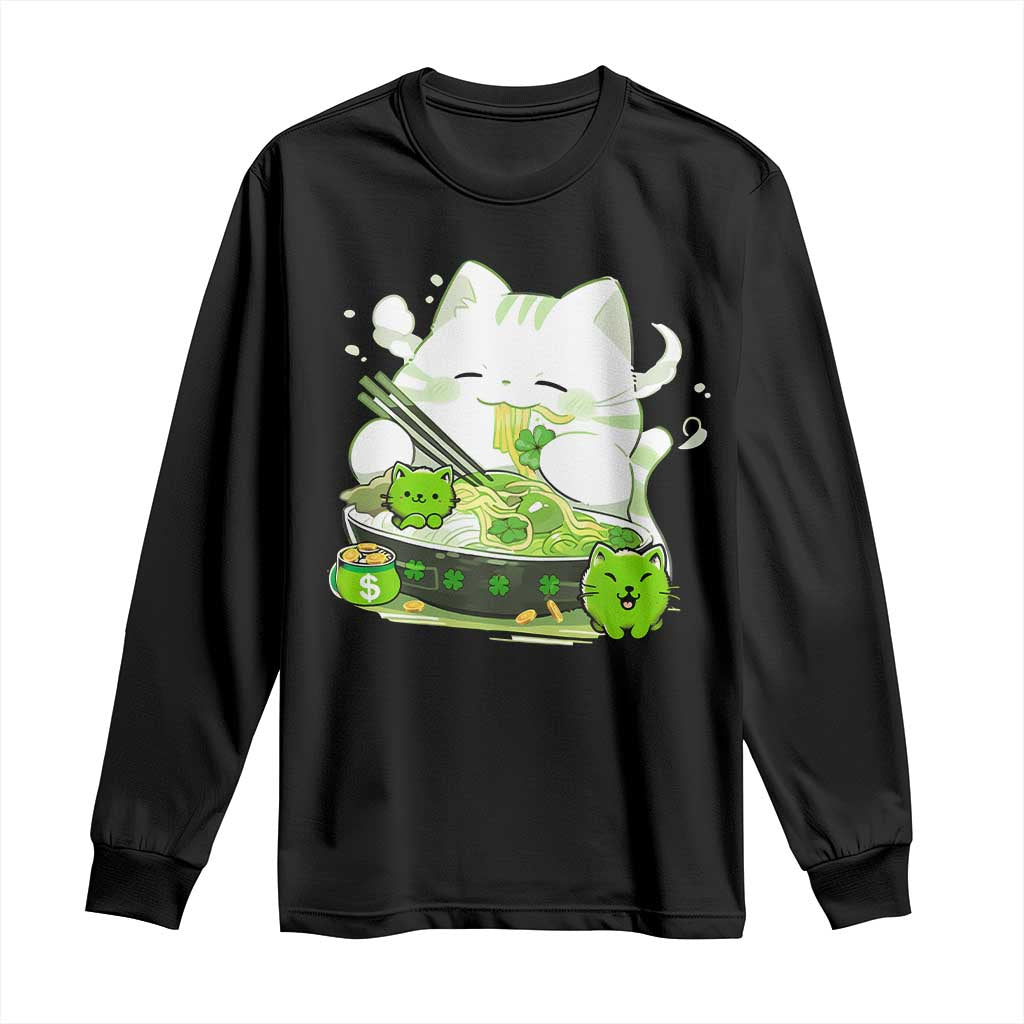 St Patrick's Day Cats Long Sleeve Shirt Irish Eating Ramen Noodles Cute Anime Shamrocks