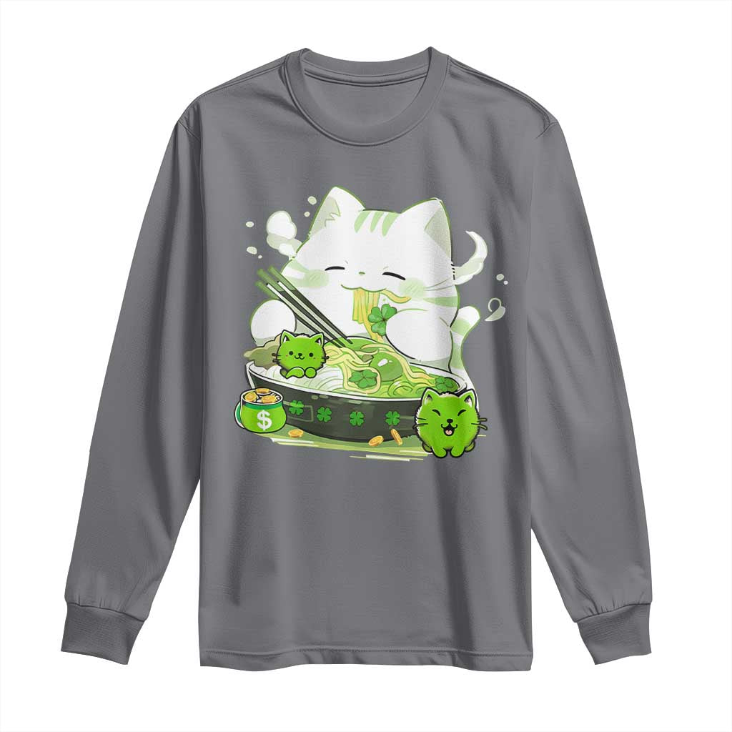 St Patrick's Day Cats Long Sleeve Shirt Irish Eating Ramen Noodles Cute Anime Shamrocks
