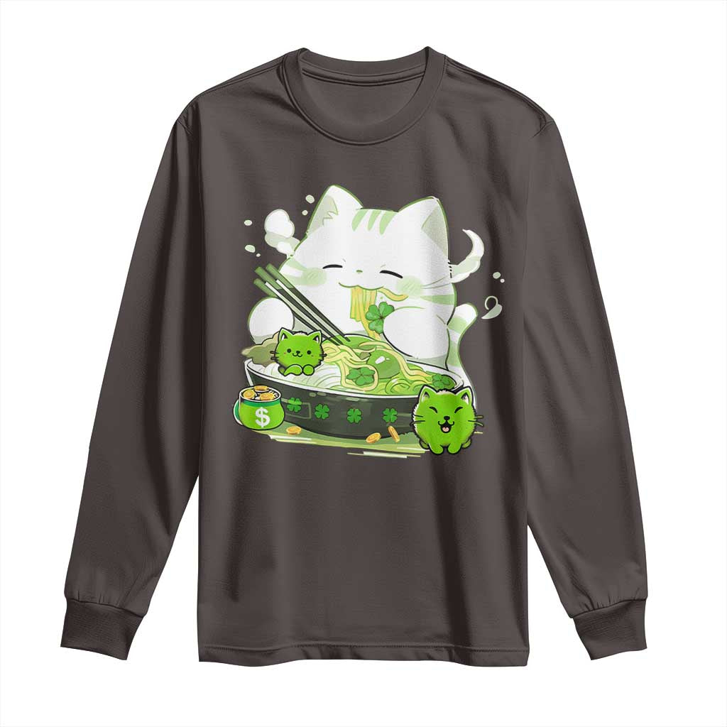 St Patrick's Day Cats Long Sleeve Shirt Irish Eating Ramen Noodles Cute Anime Shamrocks