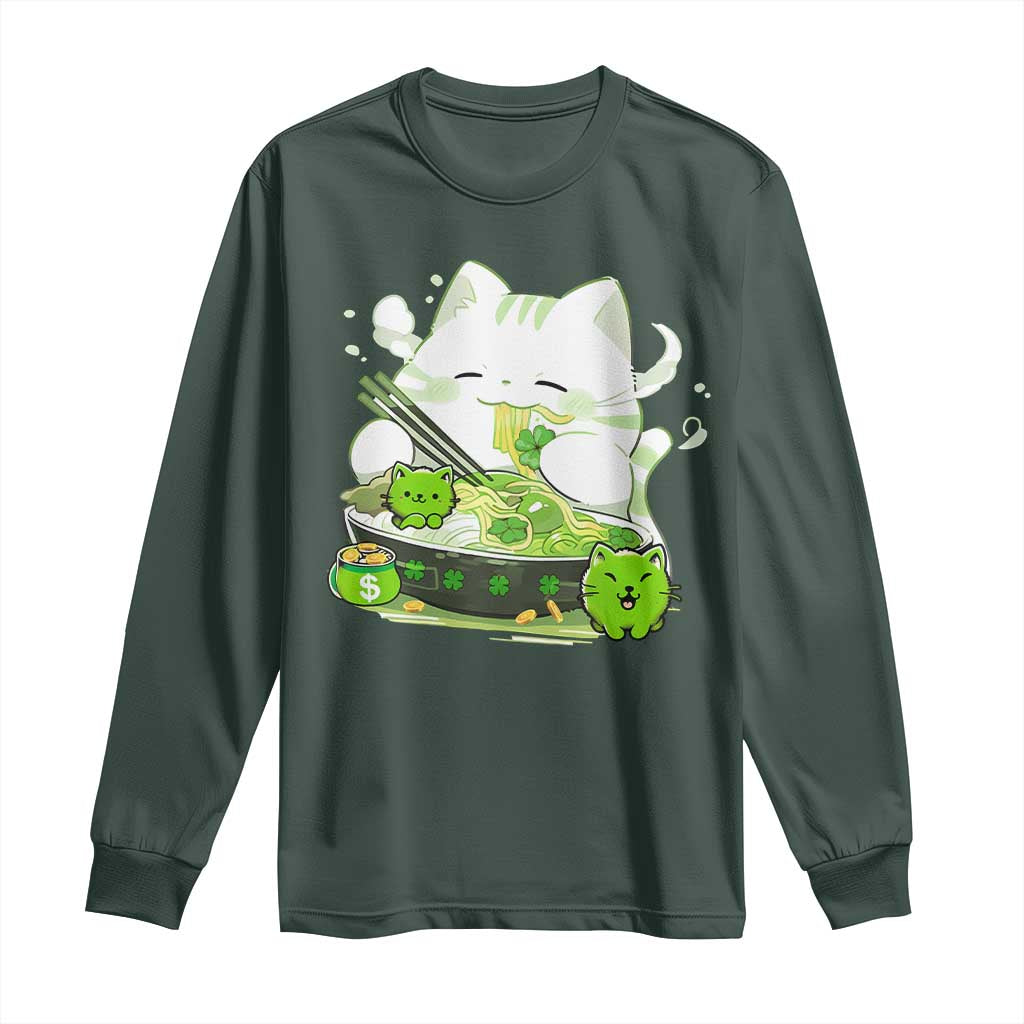 St Patrick's Day Cats Long Sleeve Shirt Irish Eating Ramen Noodles Cute Anime Shamrocks