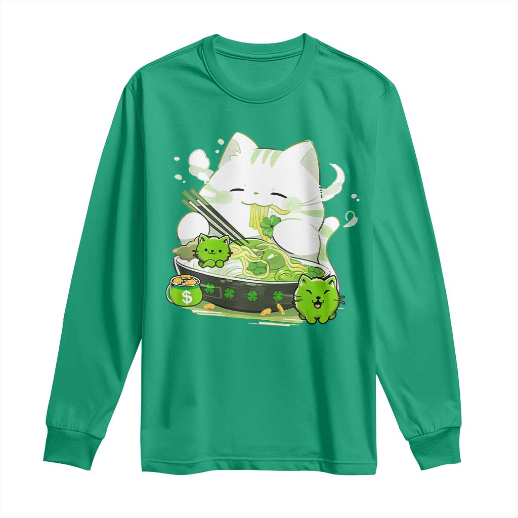St Patrick's Day Cats Long Sleeve Shirt Irish Eating Ramen Noodles Cute Anime Shamrocks