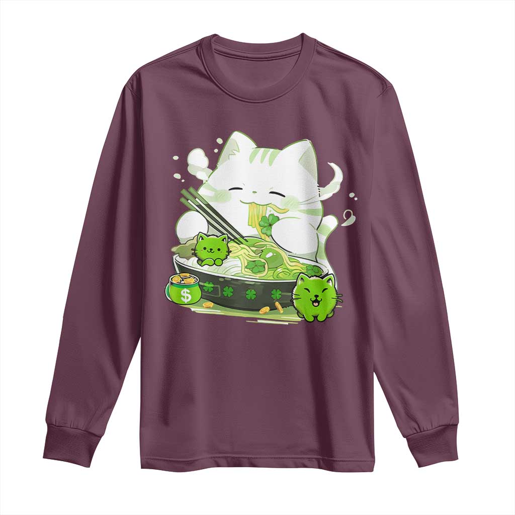 St Patrick's Day Cats Long Sleeve Shirt Irish Eating Ramen Noodles Cute Anime Shamrocks