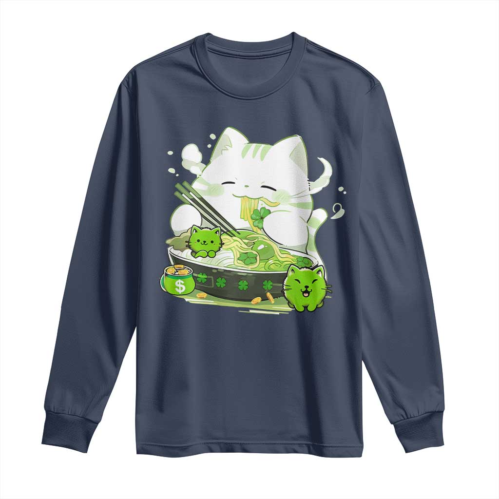 St Patrick's Day Cats Long Sleeve Shirt Irish Eating Ramen Noodles Cute Anime Shamrocks