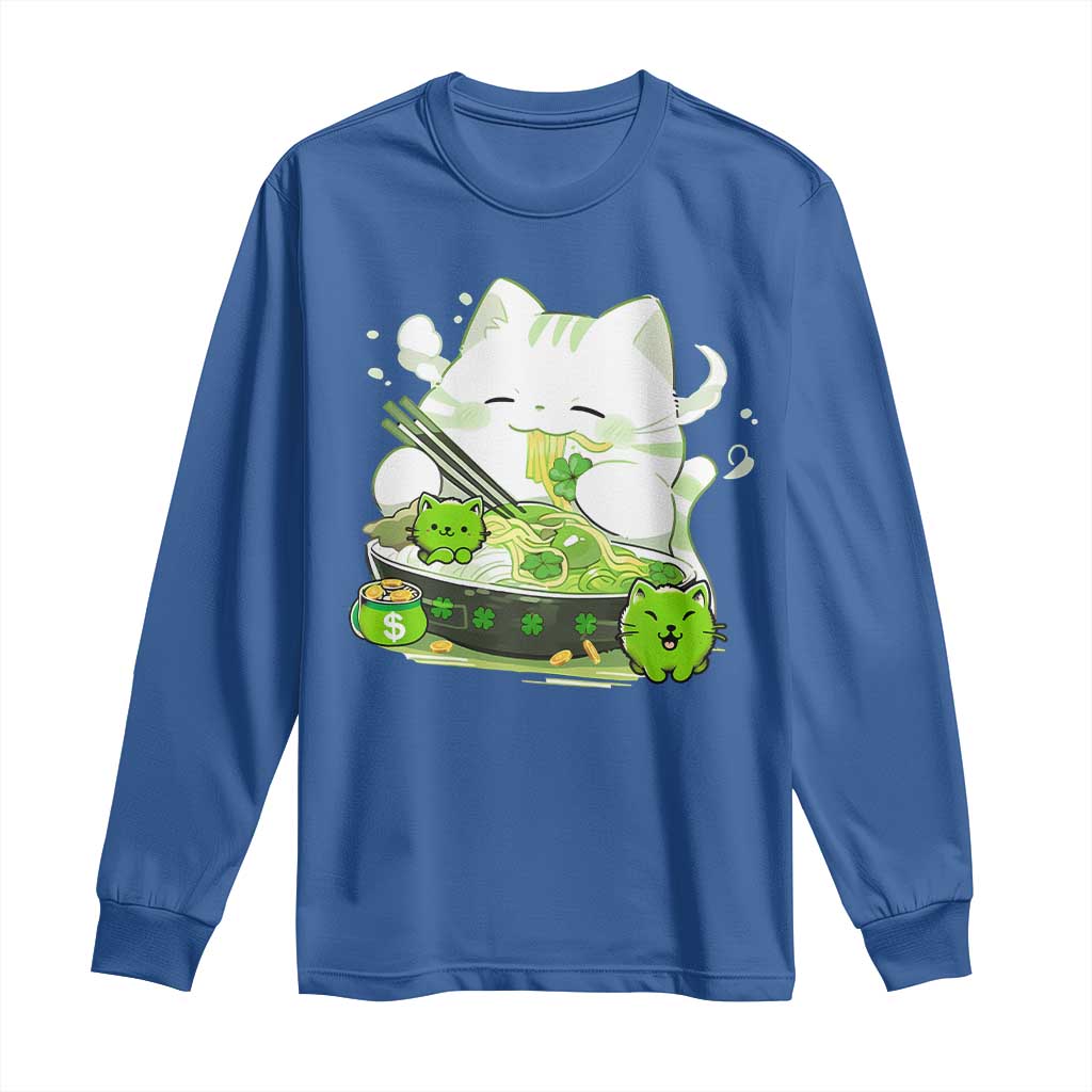 St Patrick's Day Cats Long Sleeve Shirt Irish Eating Ramen Noodles Cute Anime Shamrocks