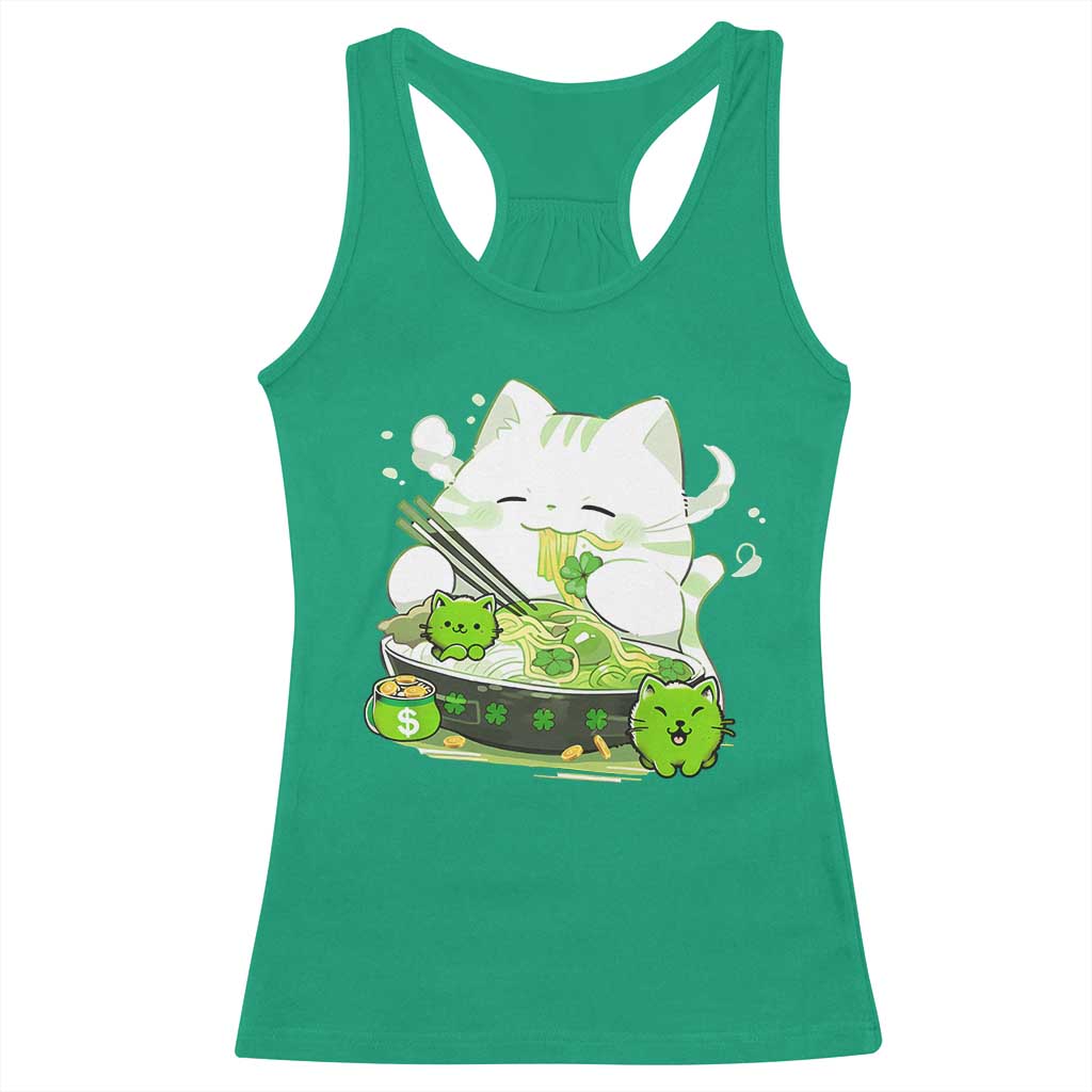 St Patrick's Day Cats Racerback Tank Top Irish Eating Ramen Noodles Cute Anime Shamrocks