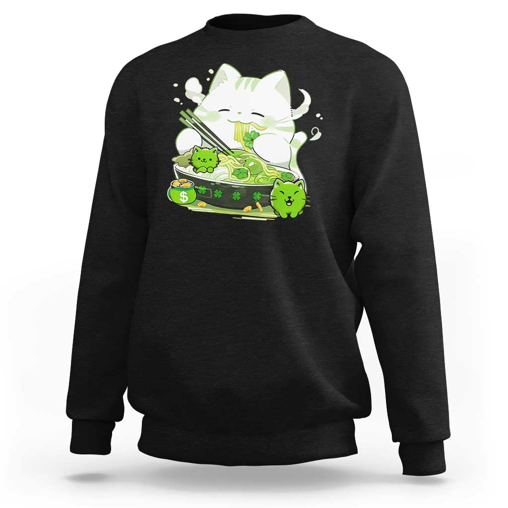 St Patrick's Day Cats Sweatshirt Irish Eating Ramen Noodles Cute Anime Shamrocks