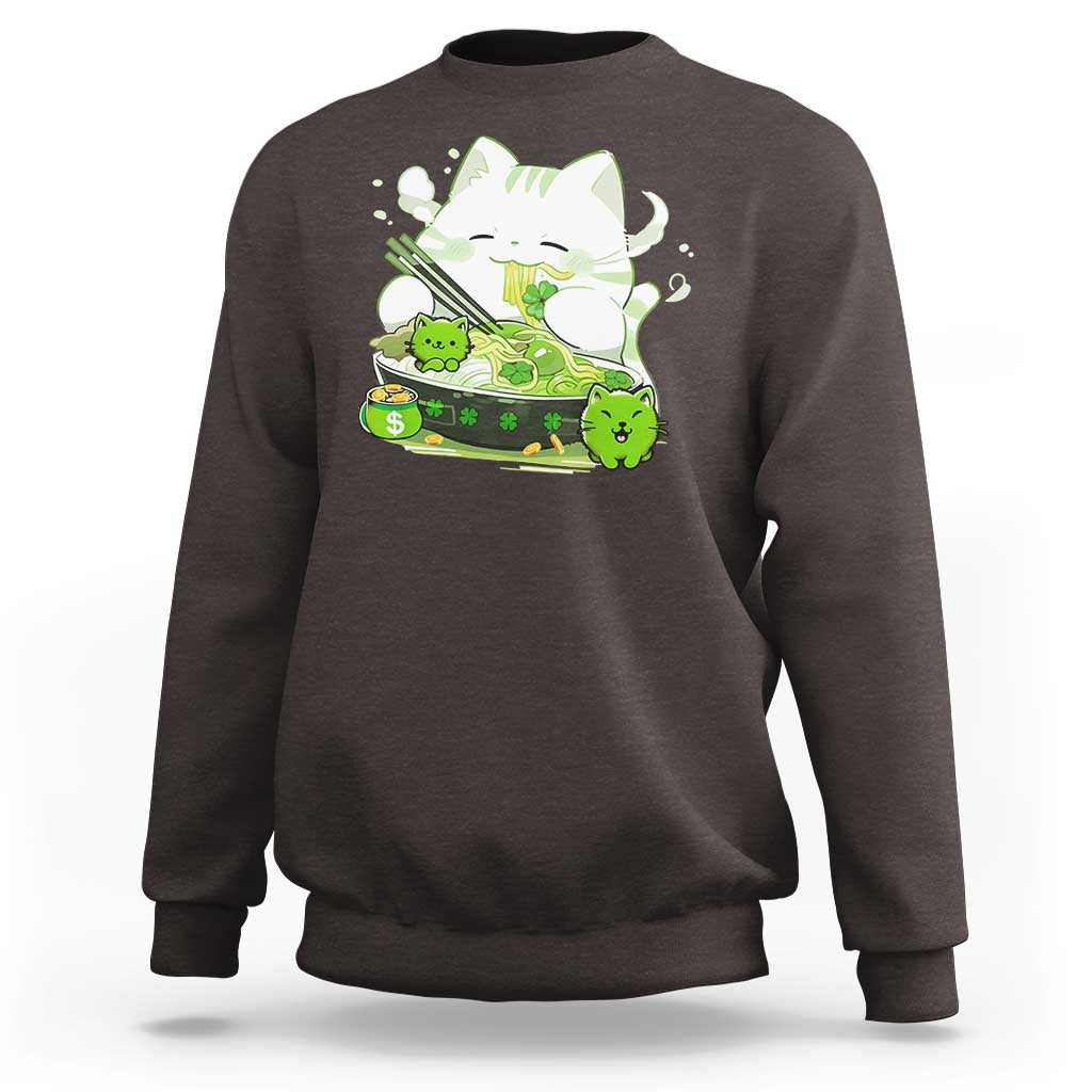 St Patrick's Day Cats Sweatshirt Irish Eating Ramen Noodles Cute Anime Shamrocks