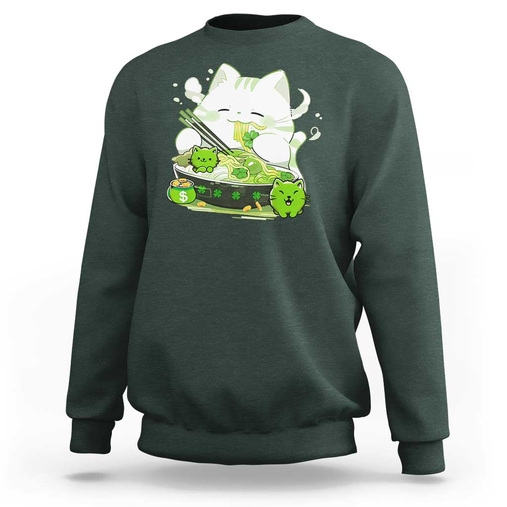 St Patrick's Day Cats Sweatshirt Irish Eating Ramen Noodles Cute Anime Shamrocks