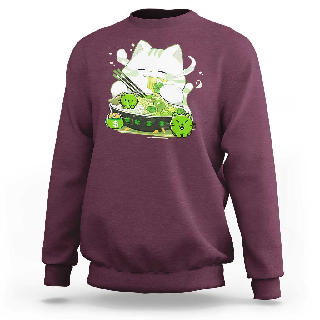 St Patrick's Day Cats Sweatshirt Irish Eating Ramen Noodles Cute Anime Shamrocks