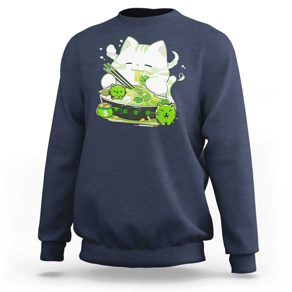St Patrick's Day Cats Sweatshirt Irish Eating Ramen Noodles Cute Anime Shamrocks