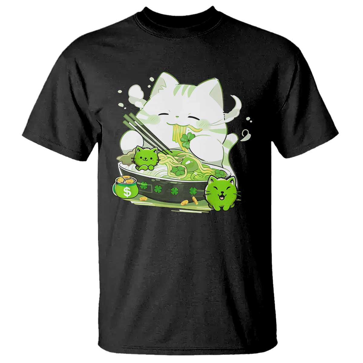 St Patrick's Day Cats T Shirt Irish Eating Ramen Noodles Cute Anime Shamrocks