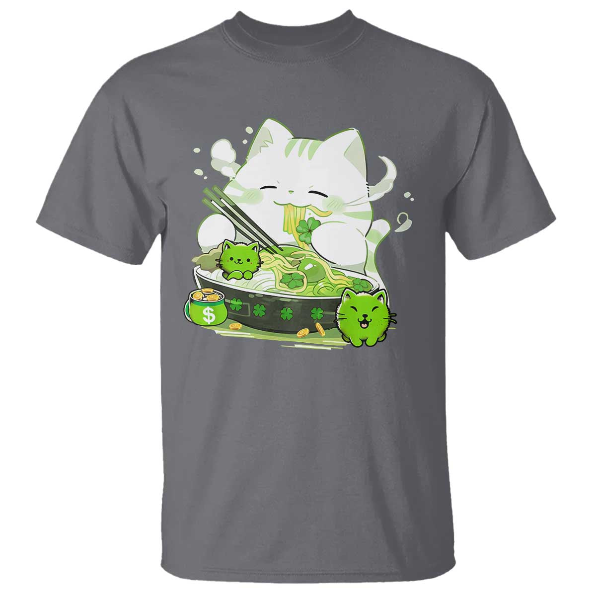 St Patrick's Day Cats T Shirt Irish Eating Ramen Noodles Cute Anime Shamrocks