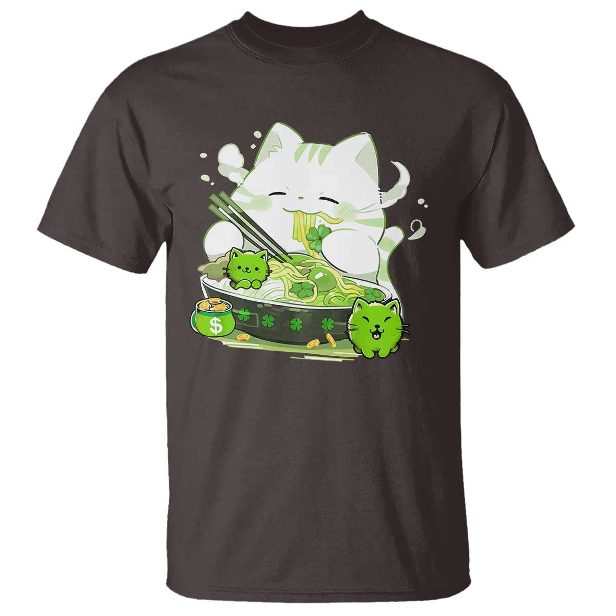 St Patrick's Day Cats T Shirt Irish Eating Ramen Noodles Cute Anime Shamrocks