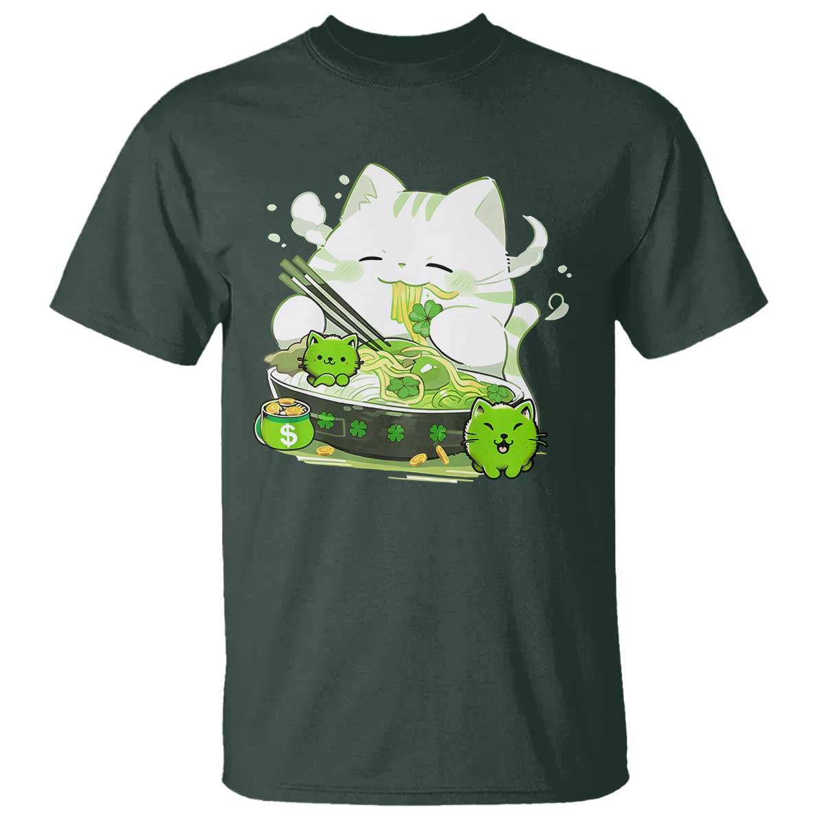 St Patrick's Day Cats T Shirt Irish Eating Ramen Noodles Cute Anime Shamrocks