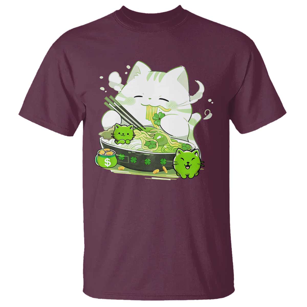 St Patrick's Day Cats T Shirt Irish Eating Ramen Noodles Cute Anime Shamrocks