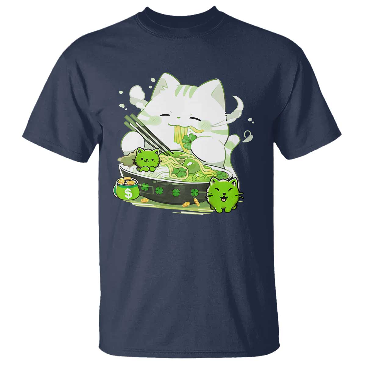 St Patrick's Day Cats T Shirt Irish Eating Ramen Noodles Cute Anime Shamrocks
