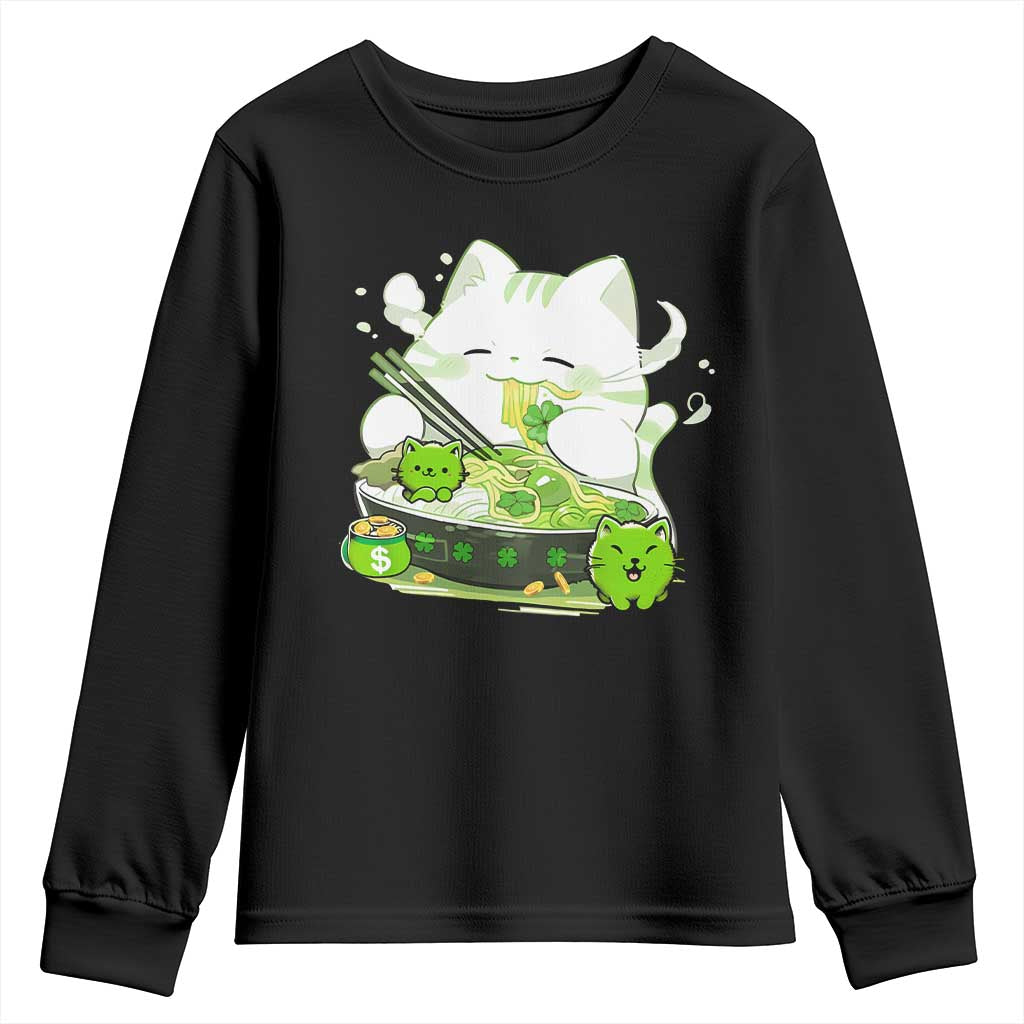 St Patrick's Day Cats Youth Sweatshirt Irish Eating Ramen Noodles Cute Anime Shamrocks