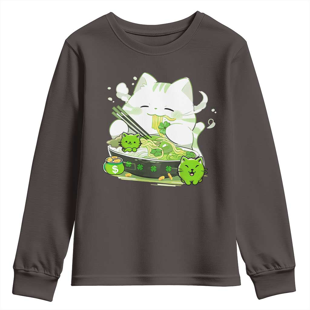 St Patrick's Day Cats Youth Sweatshirt Irish Eating Ramen Noodles Cute Anime Shamrocks