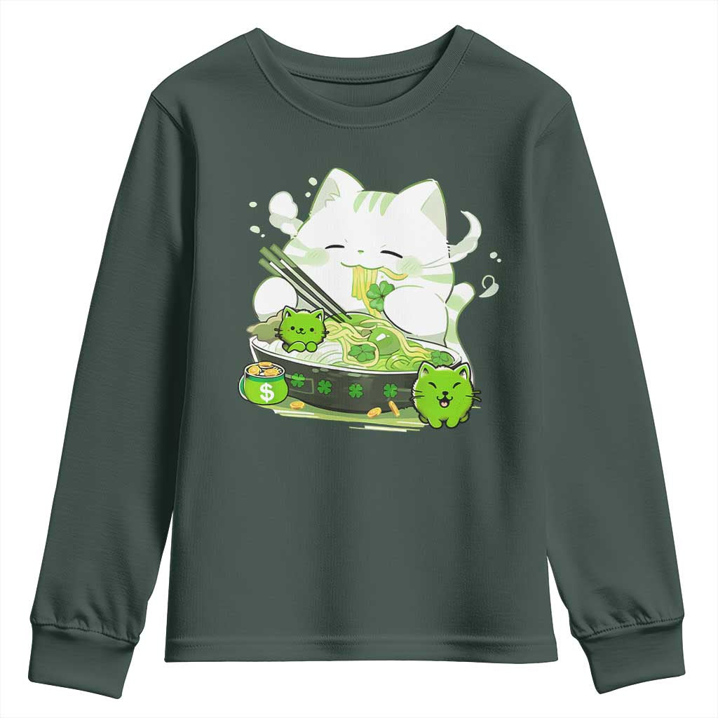 St Patrick's Day Cats Youth Sweatshirt Irish Eating Ramen Noodles Cute Anime Shamrocks