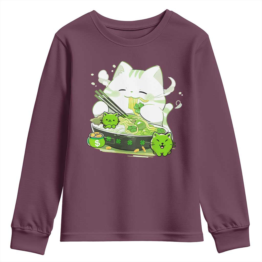 St Patrick's Day Cats Youth Sweatshirt Irish Eating Ramen Noodles Cute Anime Shamrocks