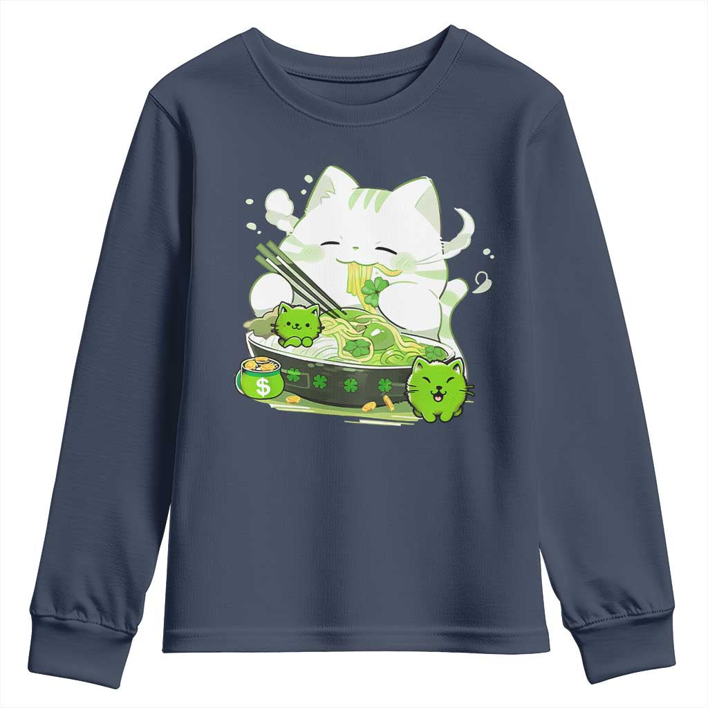 St Patrick's Day Cats Youth Sweatshirt Irish Eating Ramen Noodles Cute Anime Shamrocks