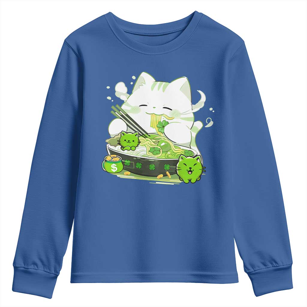 St Patrick's Day Cats Youth Sweatshirt Irish Eating Ramen Noodles Cute Anime Shamrocks
