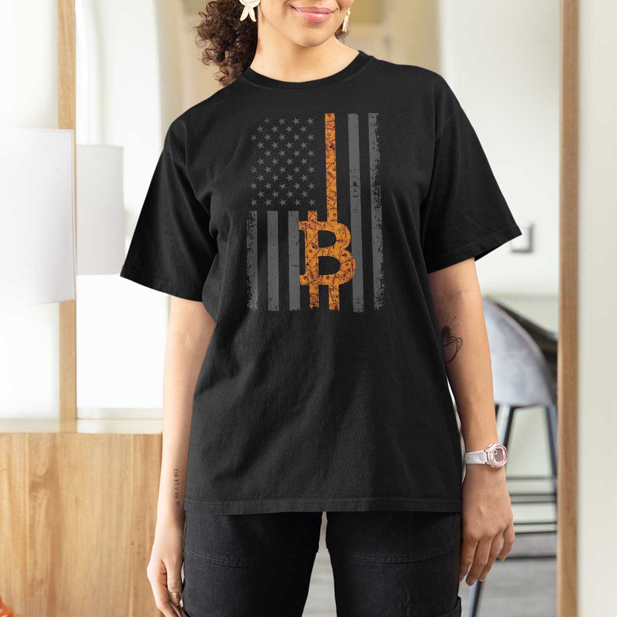 BTC Bitcoin American Flag T Shirt For Women Crypto Buy the Dip