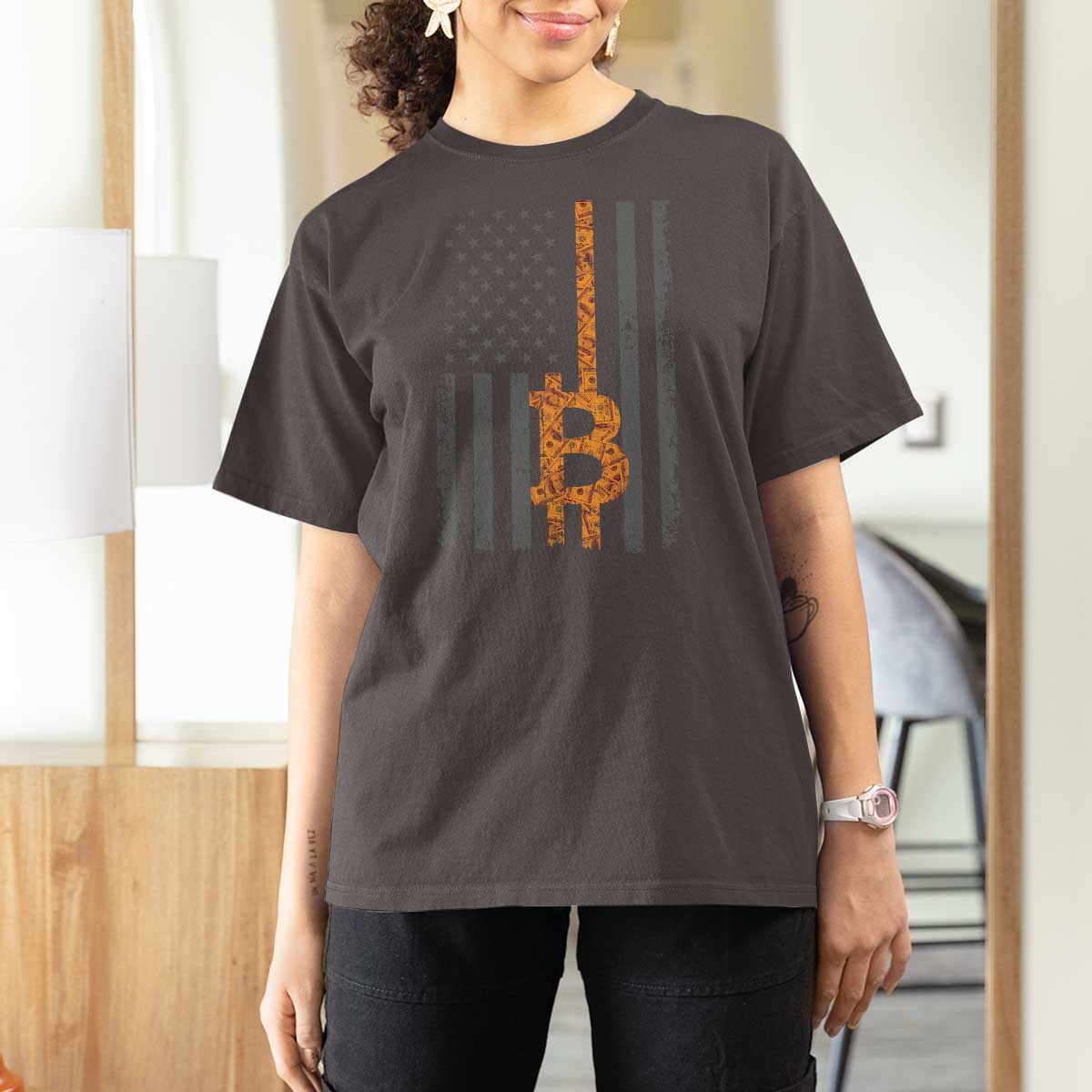 BTC Bitcoin American Flag T Shirt For Women Crypto Buy the Dip