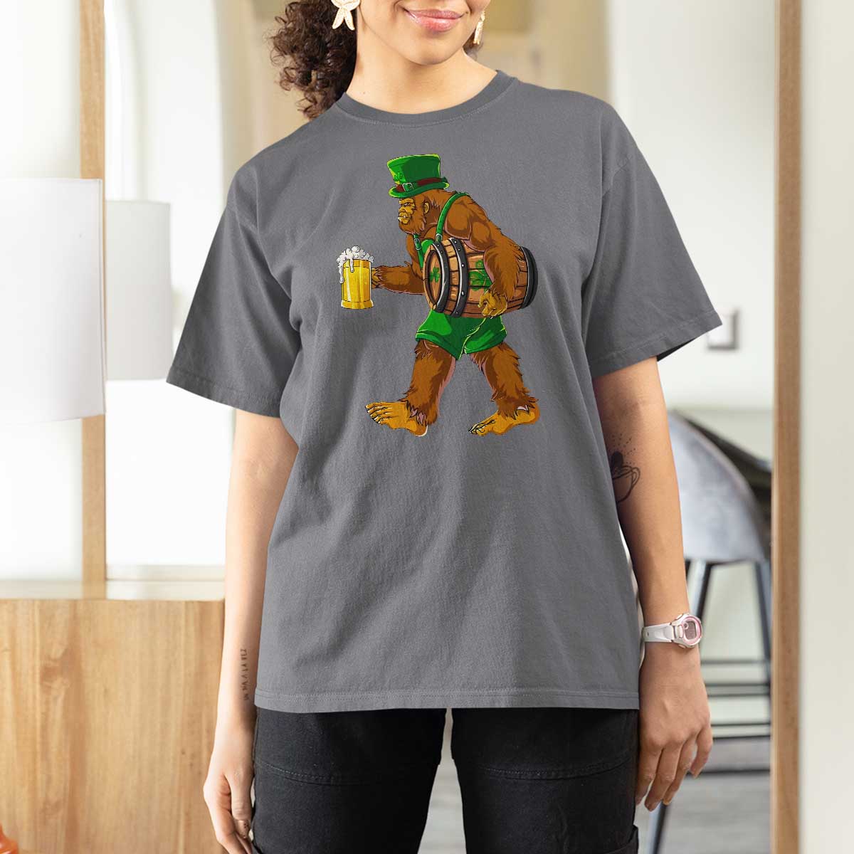 St Patricks Day Bigfoot T Shirt For Women Sasquatch Beer Funny Party Shamrock
