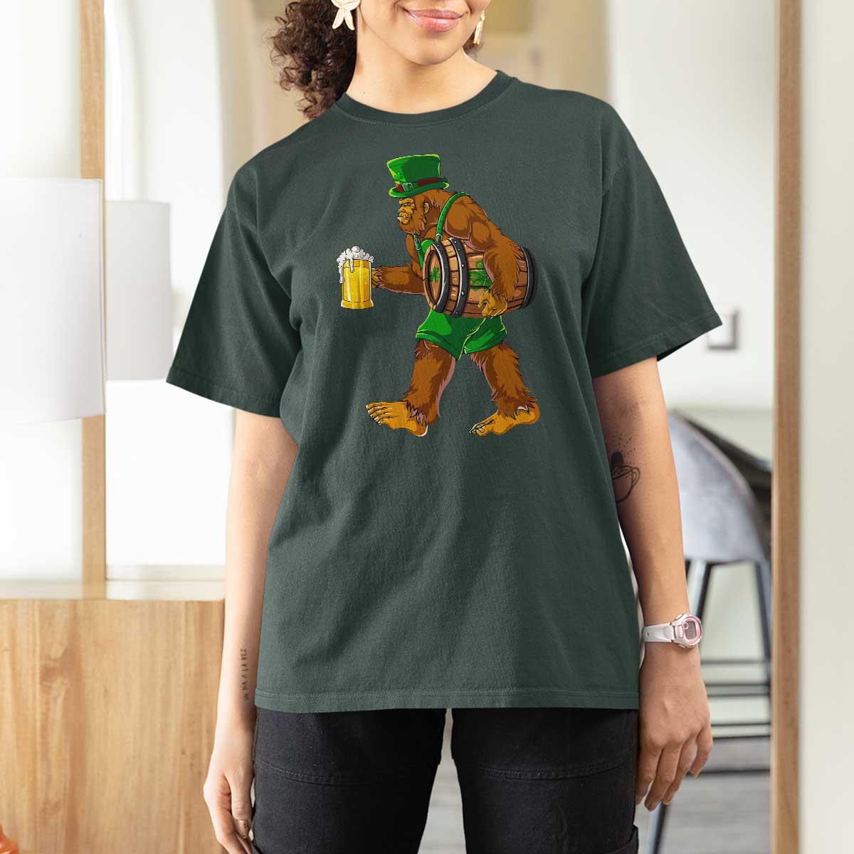St Patricks Day Bigfoot T Shirt For Women Sasquatch Beer Funny Party Shamrock