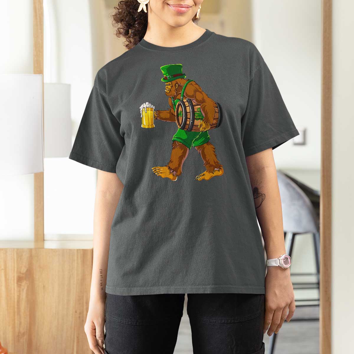 St Patricks Day Bigfoot T Shirt For Women Sasquatch Beer Funny Party Shamrock