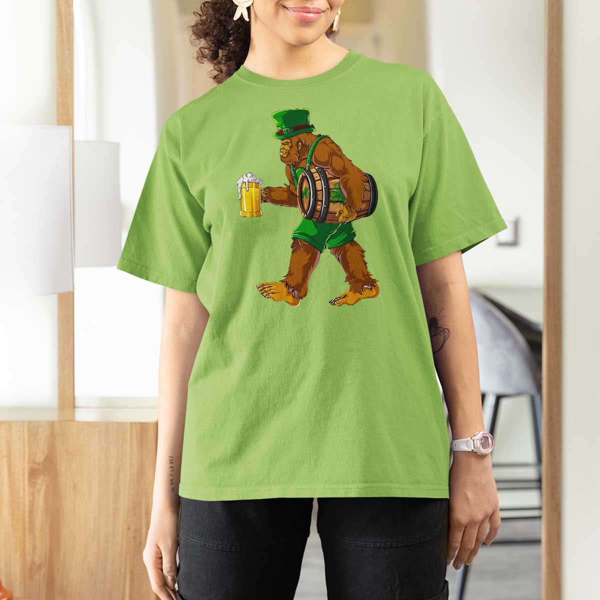 St Patricks Day Bigfoot T Shirt For Women Sasquatch Beer Funny Party Shamrock