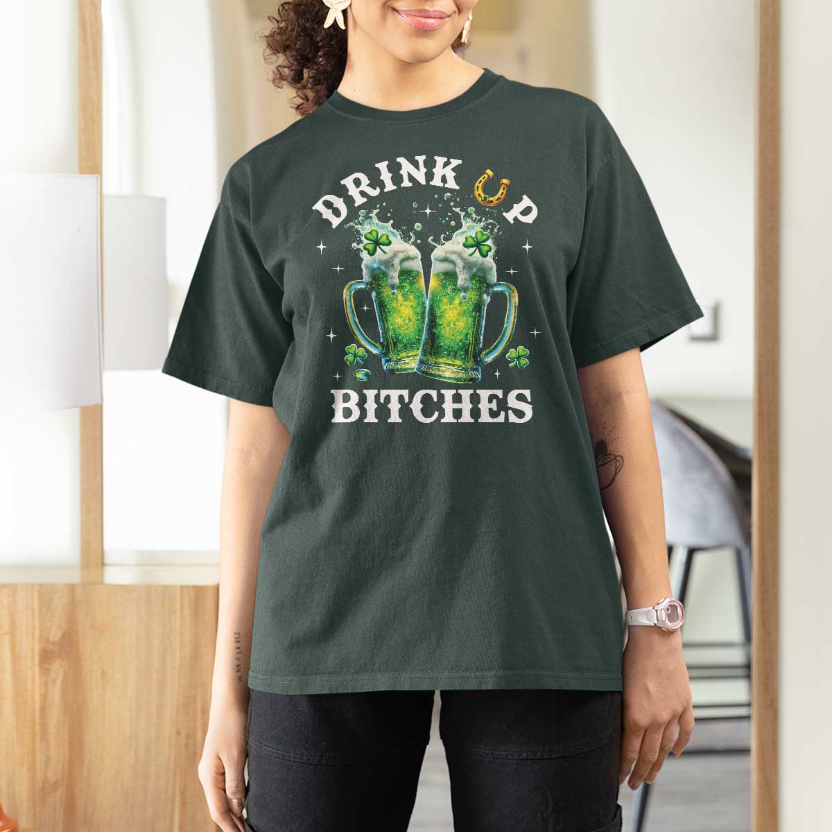 Drink Up Bitches Funny St Patricks Day T Shirt For Women Irish Beer Lovers