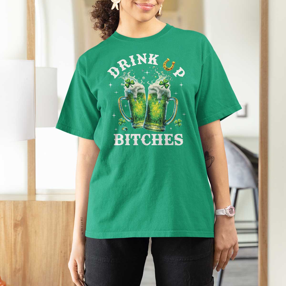 Drink Up Bitches Funny St Patricks Day T Shirt For Women Irish Beer Lovers